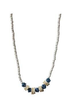 Vintage White Beaded Necklace Blue Accents Minimalist Retro Fashion Jewelry